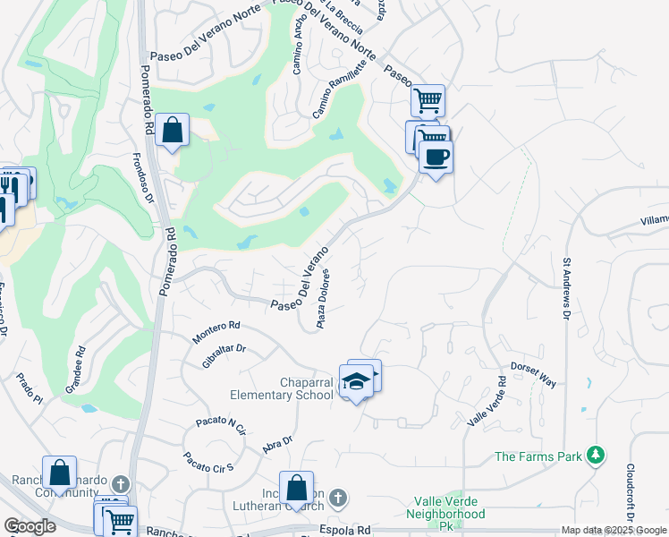 map of restaurants, bars, coffee shops, grocery stores, and more near 17447 Plaza Dolores in San Diego