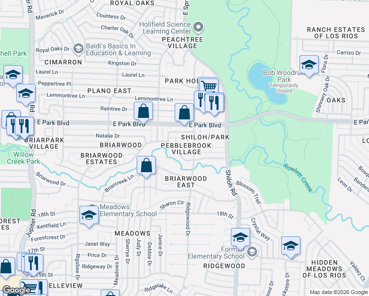 map of restaurants, bars, coffee shops, grocery stores, and more near 3308 Rockbrook Drive in Plano
