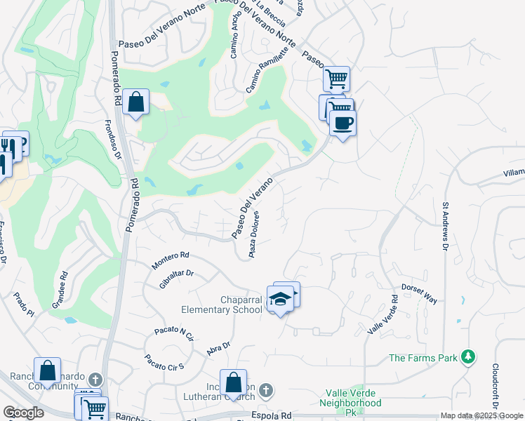 map of restaurants, bars, coffee shops, grocery stores, and more near 17447 Plaza Dolores in San Diego