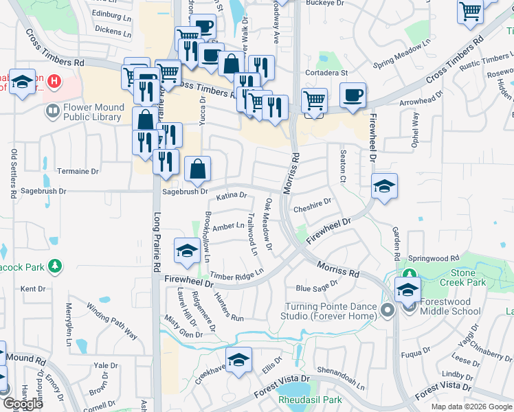 map of restaurants, bars, coffee shops, grocery stores, and more near 3204 Trailwood Lane in Flower Mound