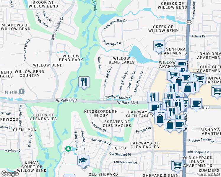 map of restaurants, bars, coffee shops, grocery stores, and more near 2021 Winding Hollow Lane in Plano