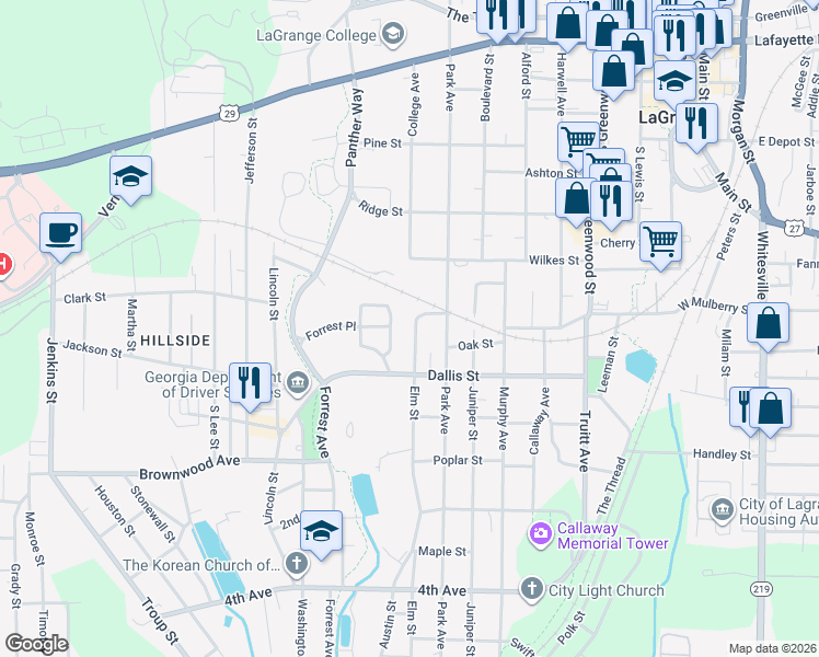 map of restaurants, bars, coffee shops, grocery stores, and more near 606 Elm Street in LaGrange