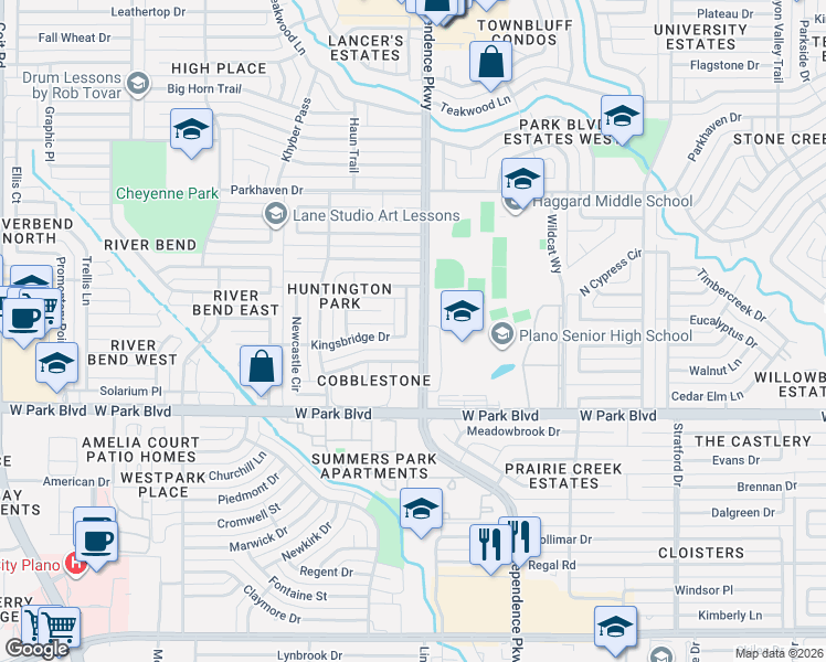 map of restaurants, bars, coffee shops, grocery stores, and more near 2301 Brighton Lane in Plano