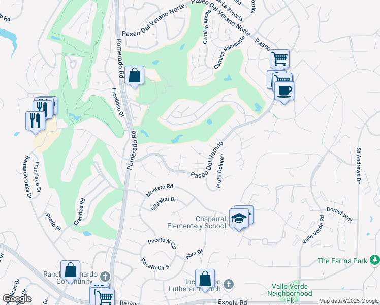 map of restaurants, bars, coffee shops, grocery stores, and more near 17484 Plaza Del Curtidor in San Diego
