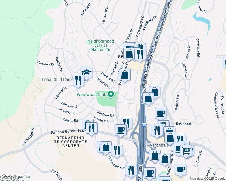 map of restaurants, bars, coffee shops, grocery stores, and more near 11497 Matinal Circle in San Diego