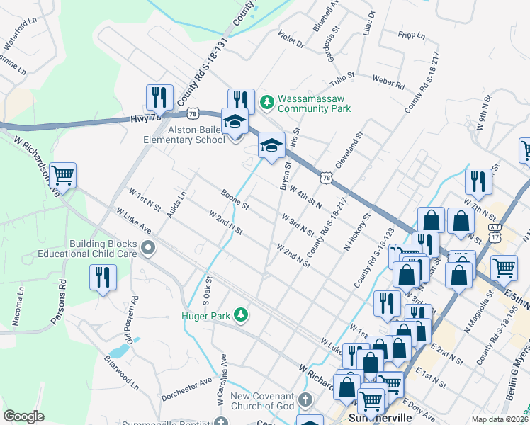 map of restaurants, bars, coffee shops, grocery stores, and more near 115 Boone Street in Summerville