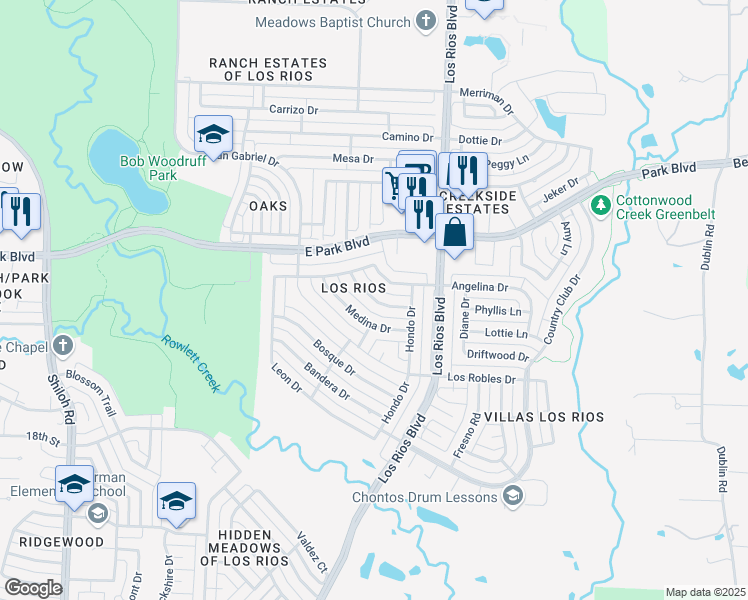 map of restaurants, bars, coffee shops, grocery stores, and more near Palo Duro Drive in Plano