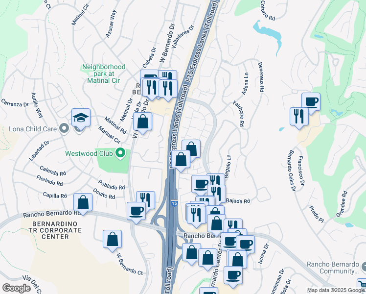 map of restaurants, bars, coffee shops, grocery stores, and more near 17438 Ashburton Road in San Diego