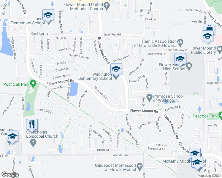 map of restaurants, bars, coffee shops, grocery stores, and more near 4004 Kenwood Drive in Flower Mound