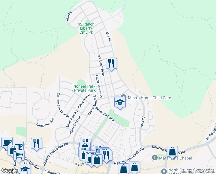 map of restaurants, bars, coffee shops, grocery stores, and more near 17253 4S Ranch Parkway in San Diego