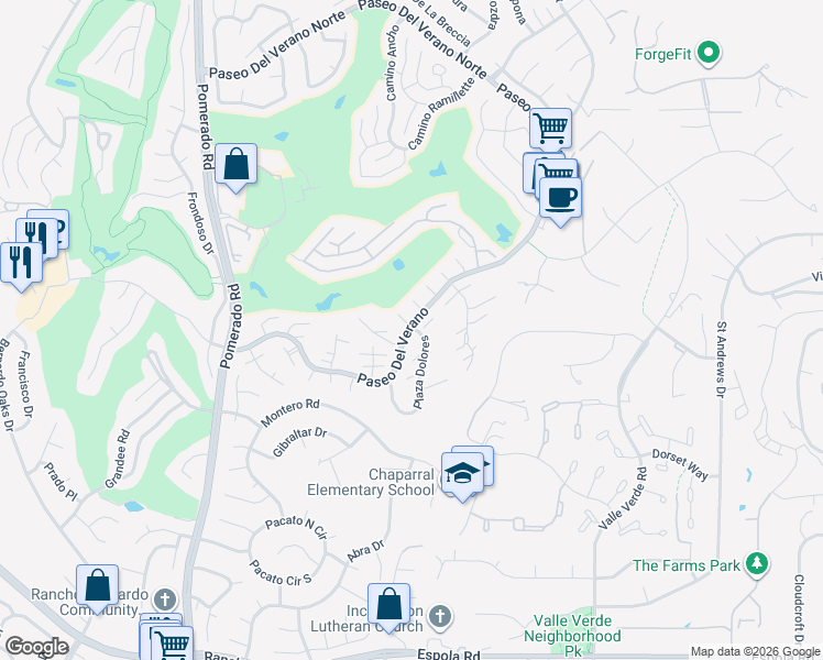 map of restaurants, bars, coffee shops, grocery stores, and more near 17523 Plaza Dolores in San Diego