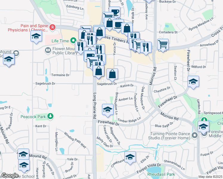 map of restaurants, bars, coffee shops, grocery stores, and more near 2605 Sagebrush Drive in Flower Mound