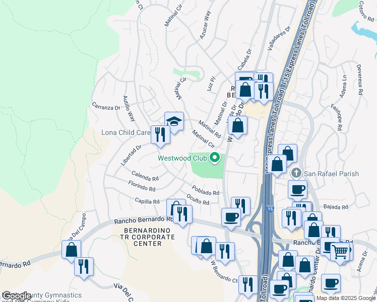 map of restaurants, bars, coffee shops, grocery stores, and more near 17408 Caminito Baya in San Diego