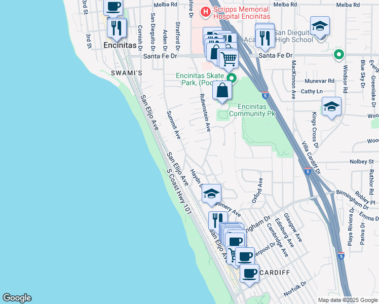 map of restaurants, bars, coffee shops, grocery stores, and more near 1605 Summit Avenue in Encinitas