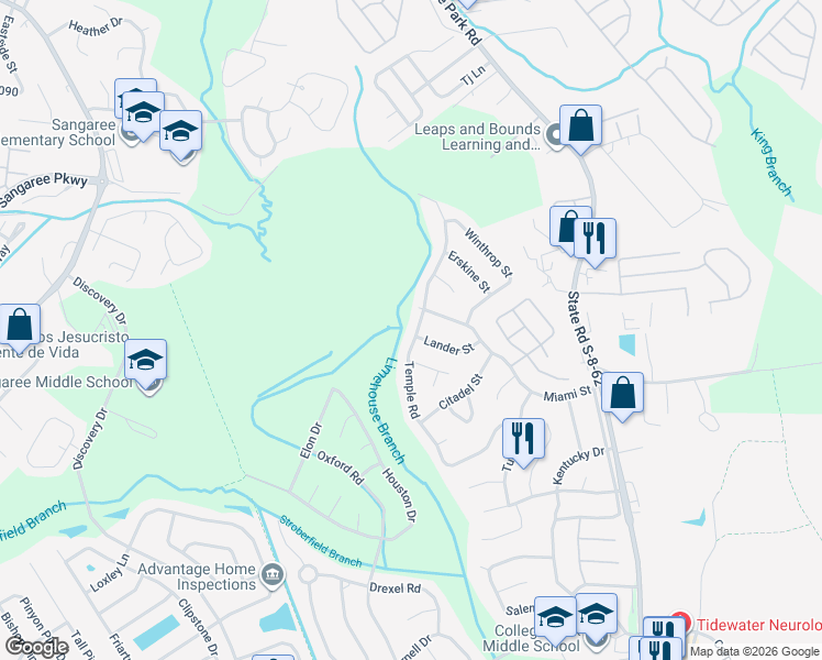 map of restaurants, bars, coffee shops, grocery stores, and more near 613 Temple Road in Ladson