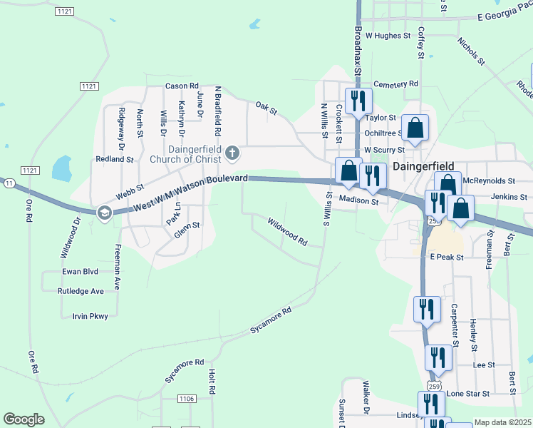 map of restaurants, bars, coffee shops, grocery stores, and more near 808 Wildwood Road in Daingerfield