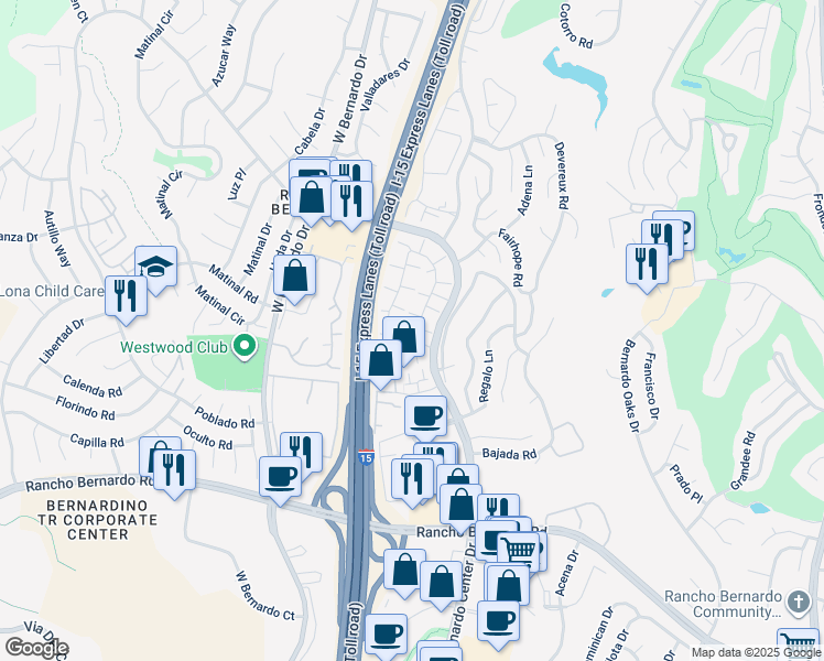 map of restaurants, bars, coffee shops, grocery stores, and more near 17434 Fairlie Road in San Diego