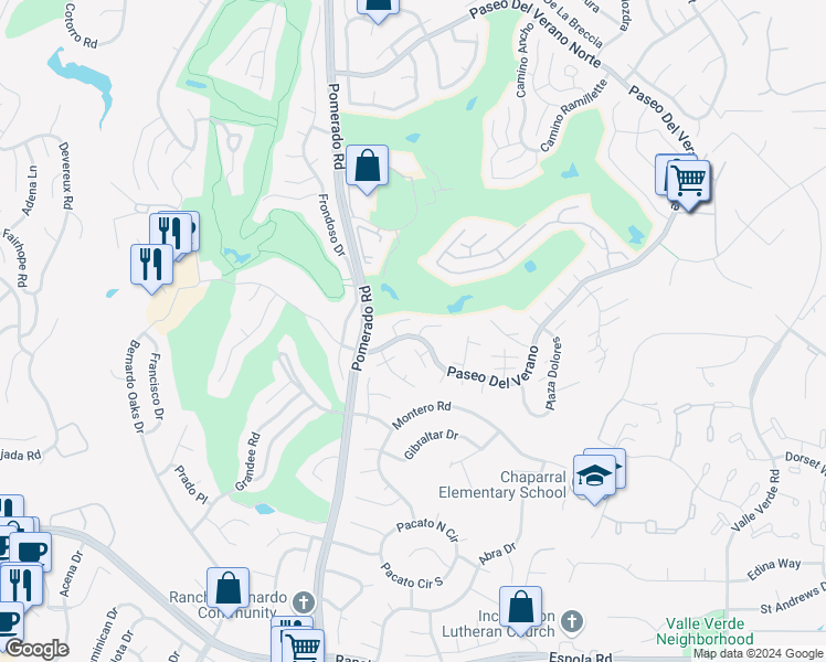 map of restaurants, bars, coffee shops, grocery stores, and more near 17472 Plaza Abierto in San Diego