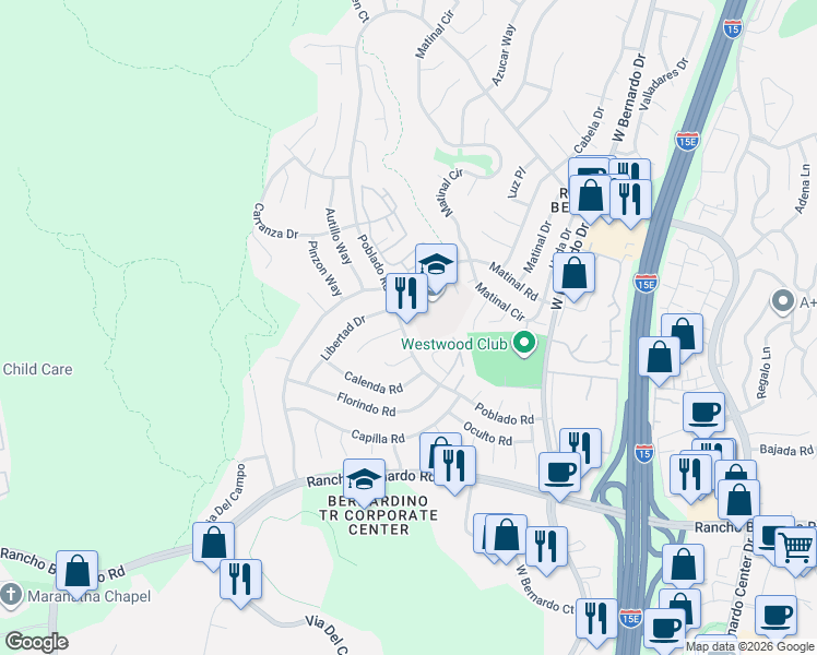map of restaurants, bars, coffee shops, grocery stores, and more near 17394 Libertad Drive in San Diego