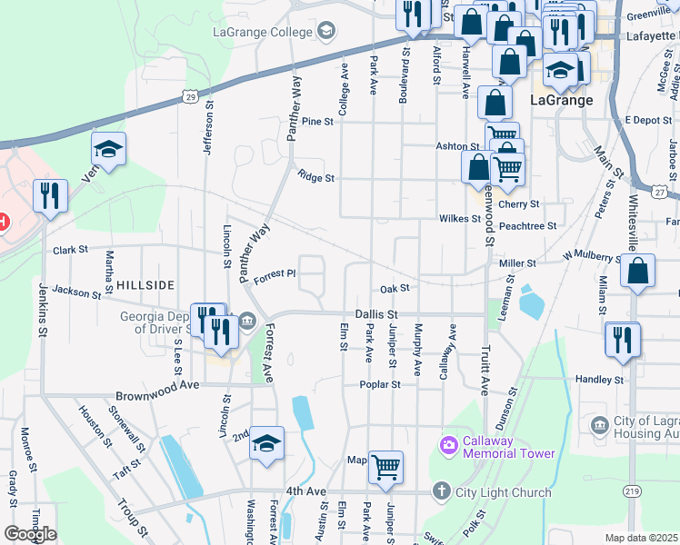 map of restaurants, bars, coffee shops, grocery stores, and more near 603 Elm Street in LaGrange