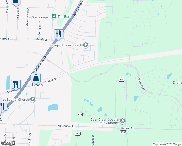 map of restaurants, bars, coffee shops, grocery stores, and more near 9945 County Road 540 in Lavon