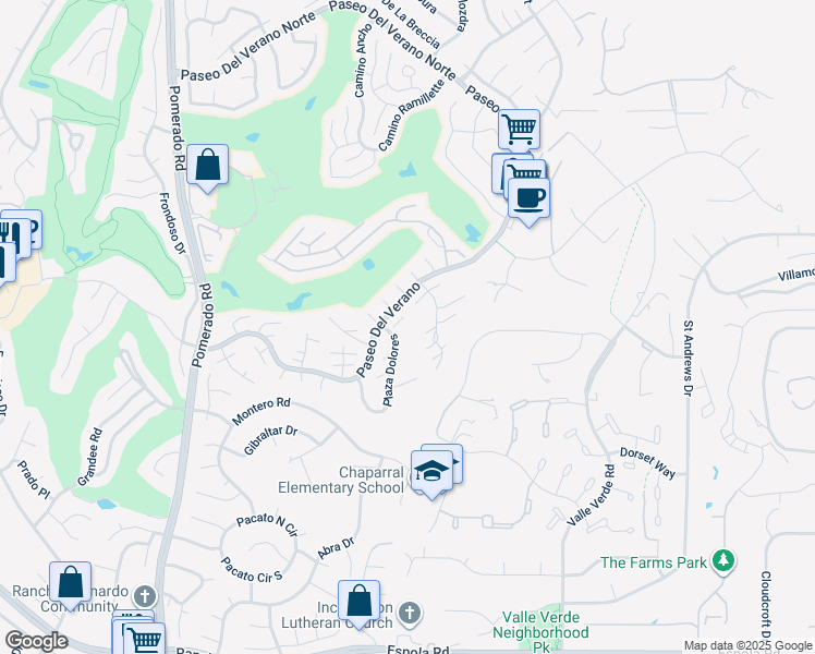 map of restaurants, bars, coffee shops, grocery stores, and more near 17483 Plaza Dolores in San Diego