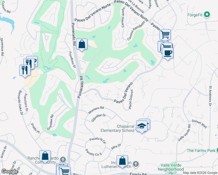 map of restaurants, bars, coffee shops, grocery stores, and more near 17482 Plaza Cerado in San Diego