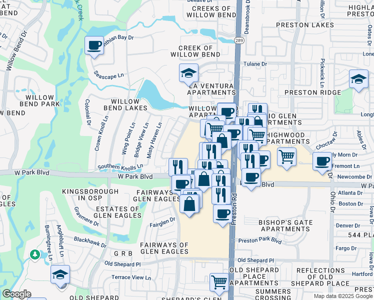 map of restaurants, bars, coffee shops, grocery stores, and more near 5100 Captiva Drive in Plano