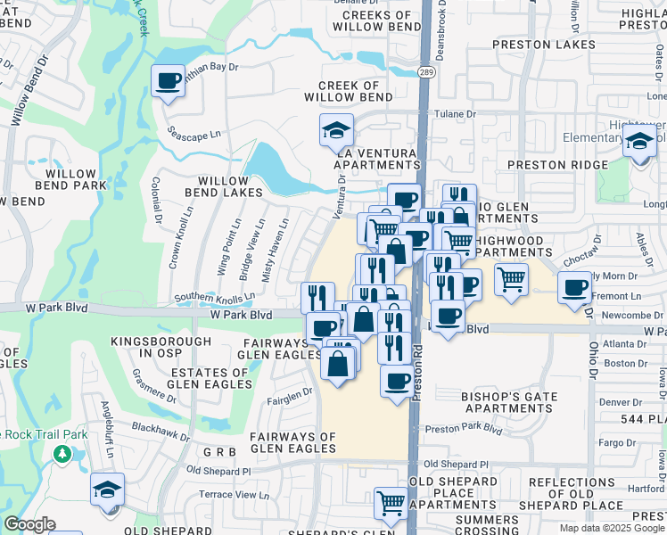 map of restaurants, bars, coffee shops, grocery stores, and more near 5100 Captiva Drive in Plano