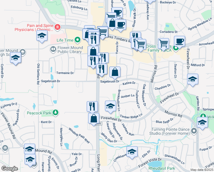 map of restaurants, bars, coffee shops, grocery stores, and more near 2550 Sagebrush Drive in Flower Mound