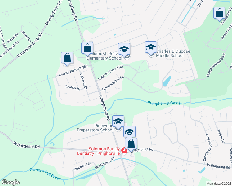 map of restaurants, bars, coffee shops, grocery stores, and more near 2122 Hummingbird Lane in Summerville