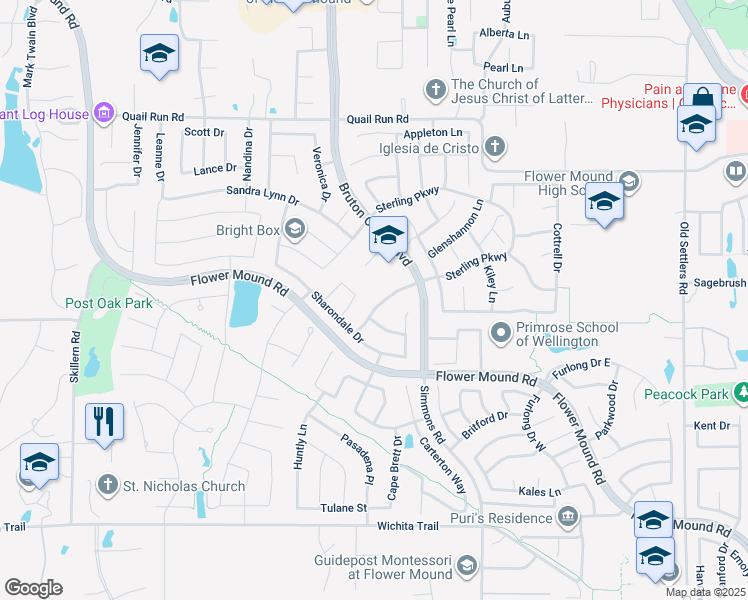 map of restaurants, bars, coffee shops, grocery stores, and more near 4000 Dawn Drive in Flower Mound