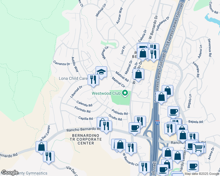 map of restaurants, bars, coffee shops, grocery stores, and more near 17442 Caminito Baya in San Diego