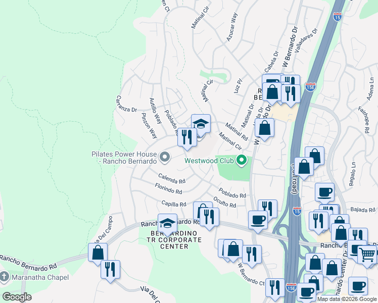 map of restaurants, bars, coffee shops, grocery stores, and more near 17449 Matinal Road in San Diego