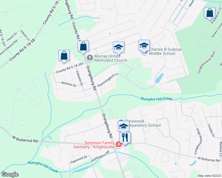 map of restaurants, bars, coffee shops, grocery stores, and more near 2122 Hummingbird Lane in Summerville