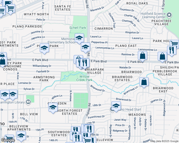 map of restaurants, bars, coffee shops, grocery stores, and more near 2450 Jupiter Road in Plano