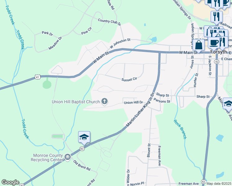 map of restaurants, bars, coffee shops, grocery stores, and more near 379 Brookwood Drive in Forsyth