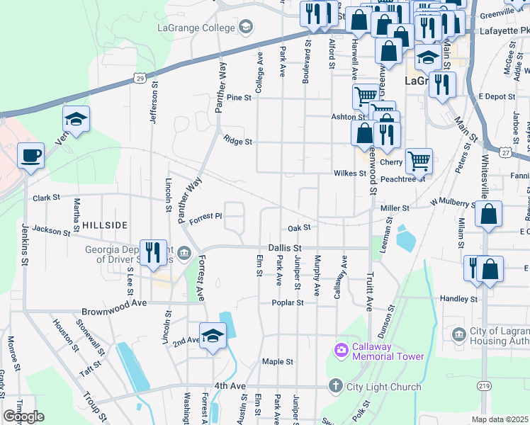 map of restaurants, bars, coffee shops, grocery stores, and more near 603 Elm Street in LaGrange