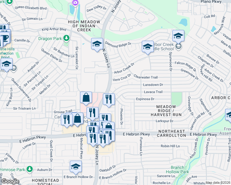 map of restaurants, bars, coffee shops, grocery stores, and more near 1908 Lansdown Drive in Carrollton
