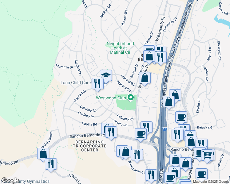 map of restaurants, bars, coffee shops, grocery stores, and more near 17408 Caminito Baya in San Diego