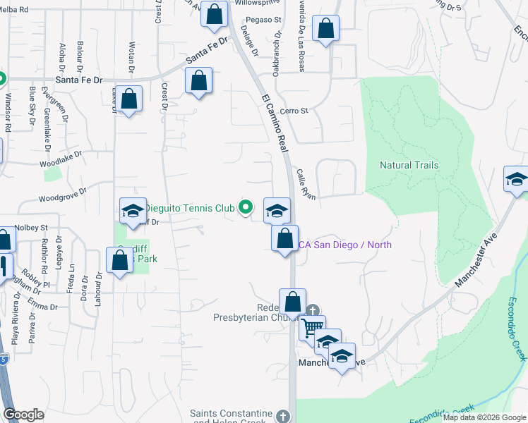 map of restaurants, bars, coffee shops, grocery stores, and more near 1386 Tennis Club Drive in Encinitas