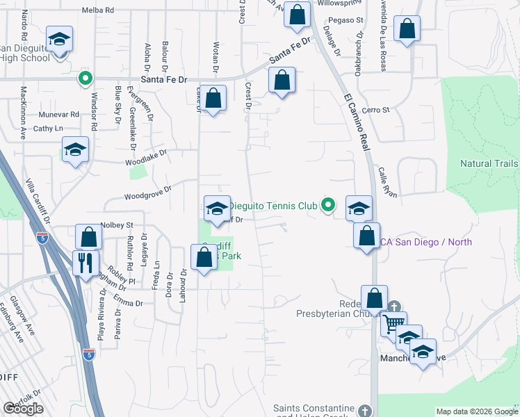 map of restaurants, bars, coffee shops, grocery stores, and more near 1567 Crest Drive in Encinitas