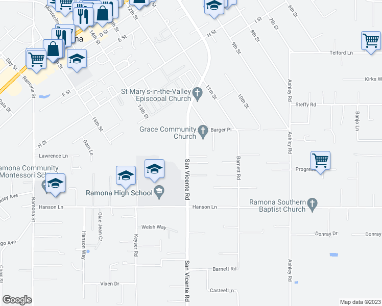 map of restaurants, bars, coffee shops, grocery stores, and more near 1162 San Vicente Road in Ramona