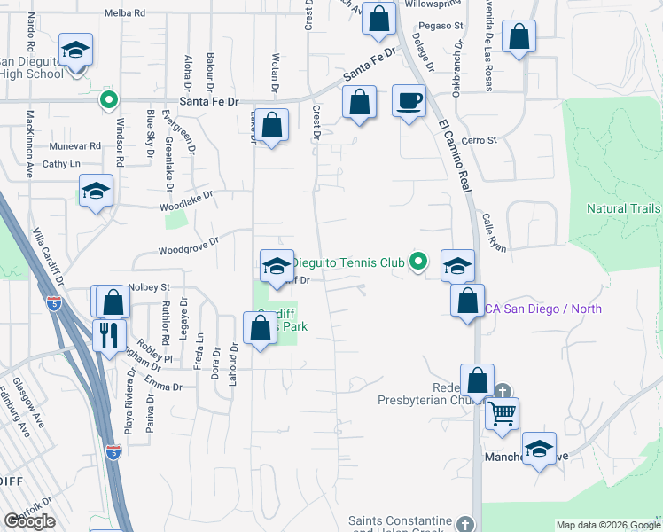 map of restaurants, bars, coffee shops, grocery stores, and more near 1567 Crest Drive in Encinitas