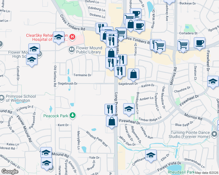 map of restaurants, bars, coffee shops, grocery stores, and more near 3281 Long Prairie Road in Flower Mound