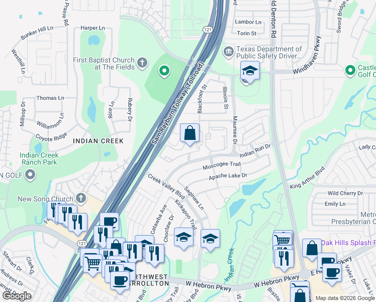 map of restaurants, bars, coffee shops, grocery stores, and more near 1220 Indian Run Drive in Carrollton