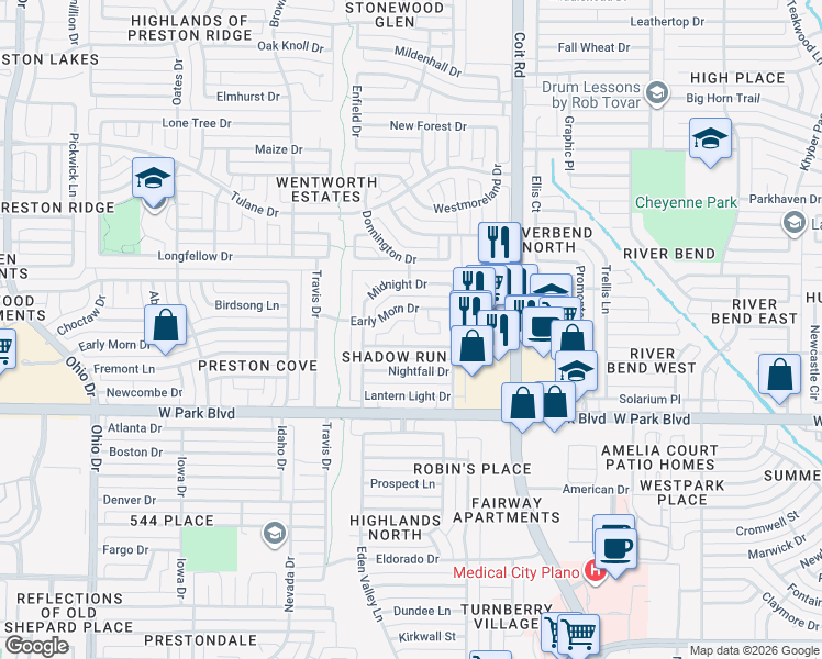map of restaurants, bars, coffee shops, grocery stores, and more near 4200 Early Morn Drive in Plano