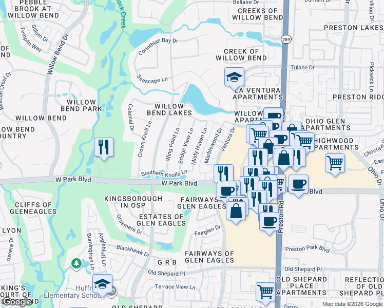 map of restaurants, bars, coffee shops, grocery stores, and more near 2201 Misty Haven Lane in Plano