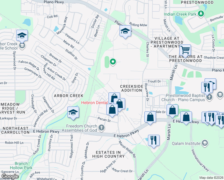 map of restaurants, bars, coffee shops, grocery stores, and more near 2504 Mosswood Drive in Carrollton