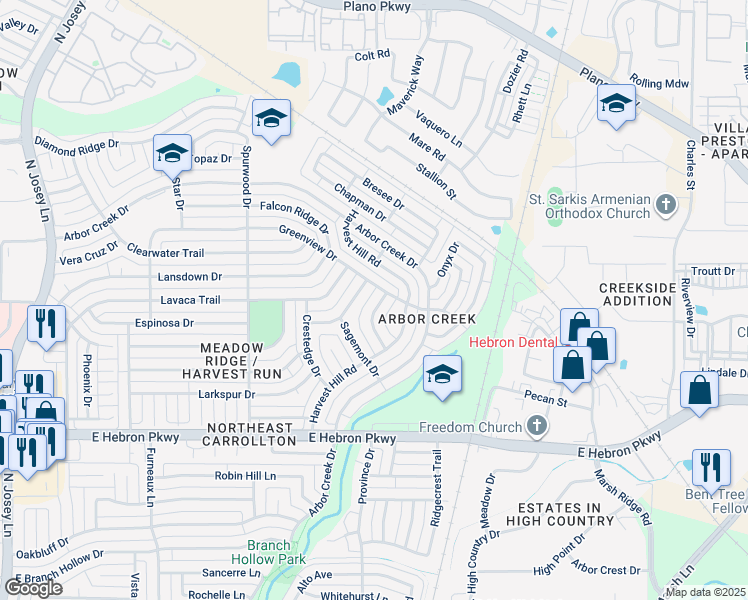 map of restaurants, bars, coffee shops, grocery stores, and more near 2241 Greenview Drive in Carrollton